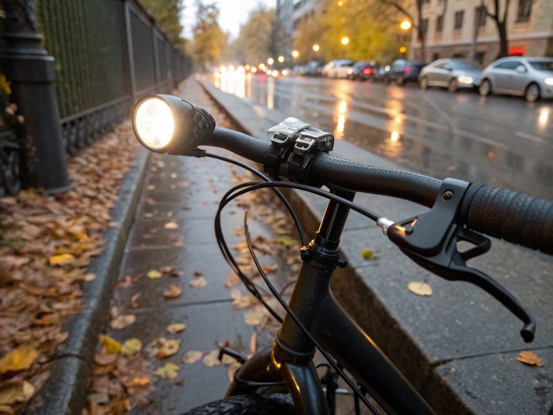 Włączona przednia lampka rowerowa na kierownicy roweru miejskiego o zmierzchu